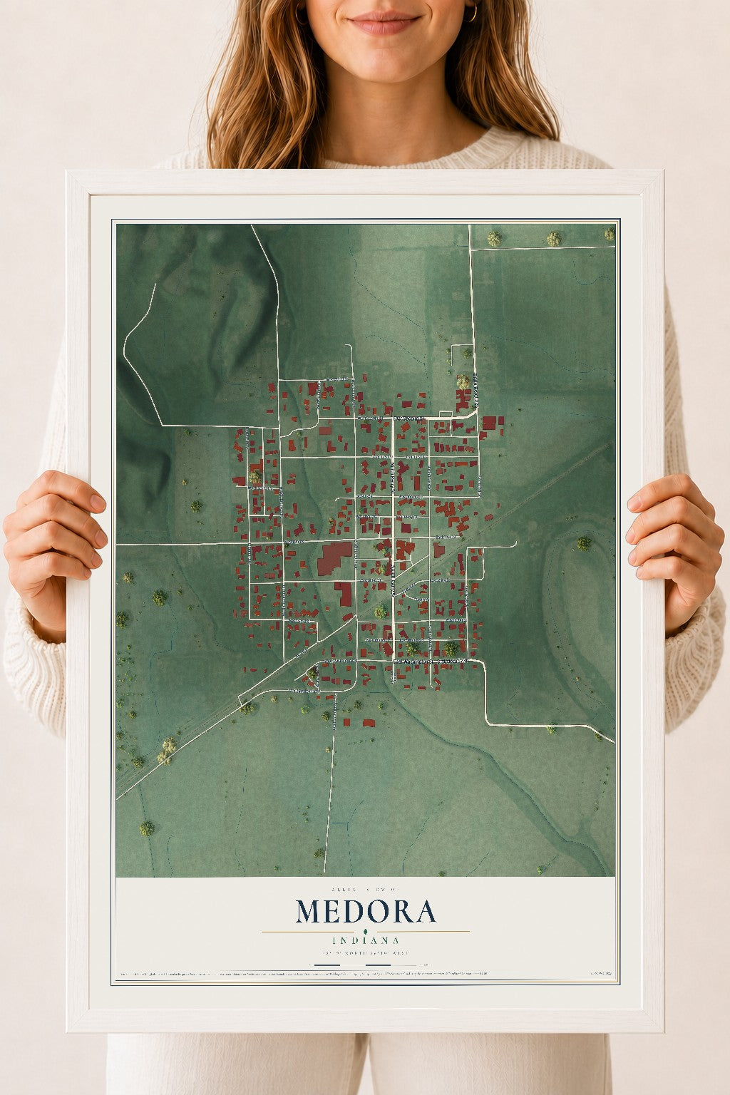 Map of Medora, Indiana, 18 x 24 inch print in a white wood frame