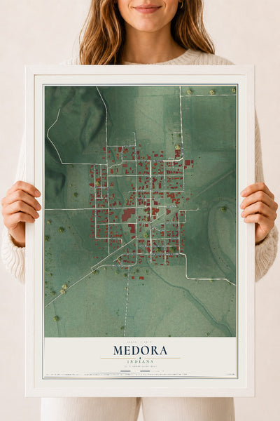 Map of Medora, Indiana, 18 x 24 inch print in a white wood frame