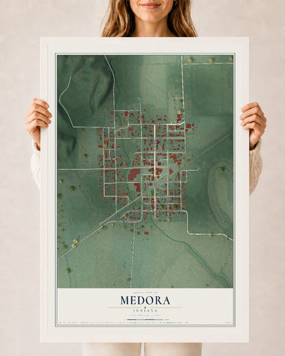 Map of Medora, Indiana, 24 x 36 inch print in a white wood frame