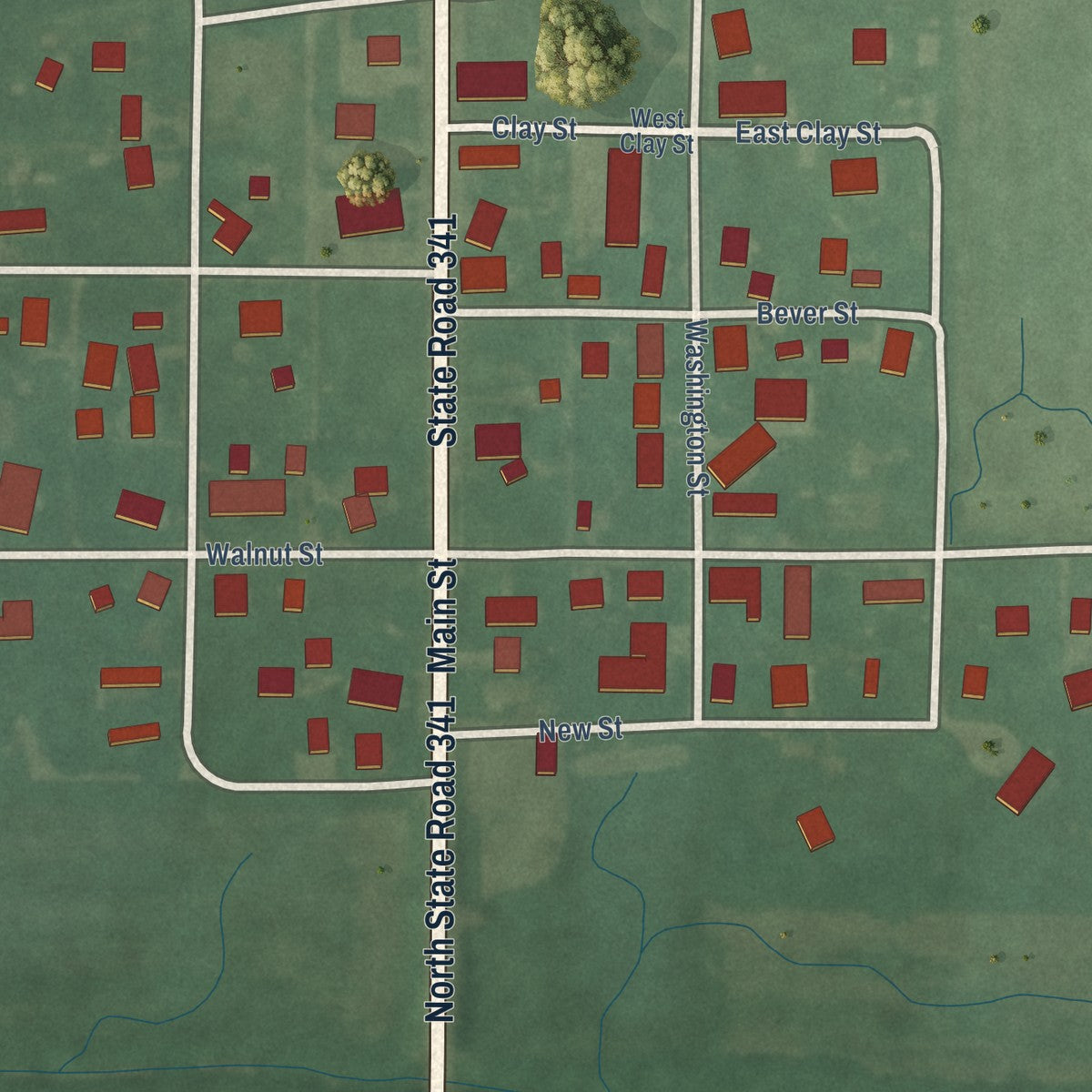 Close-up of the map of Mellott, Indiana print showing street and building detail