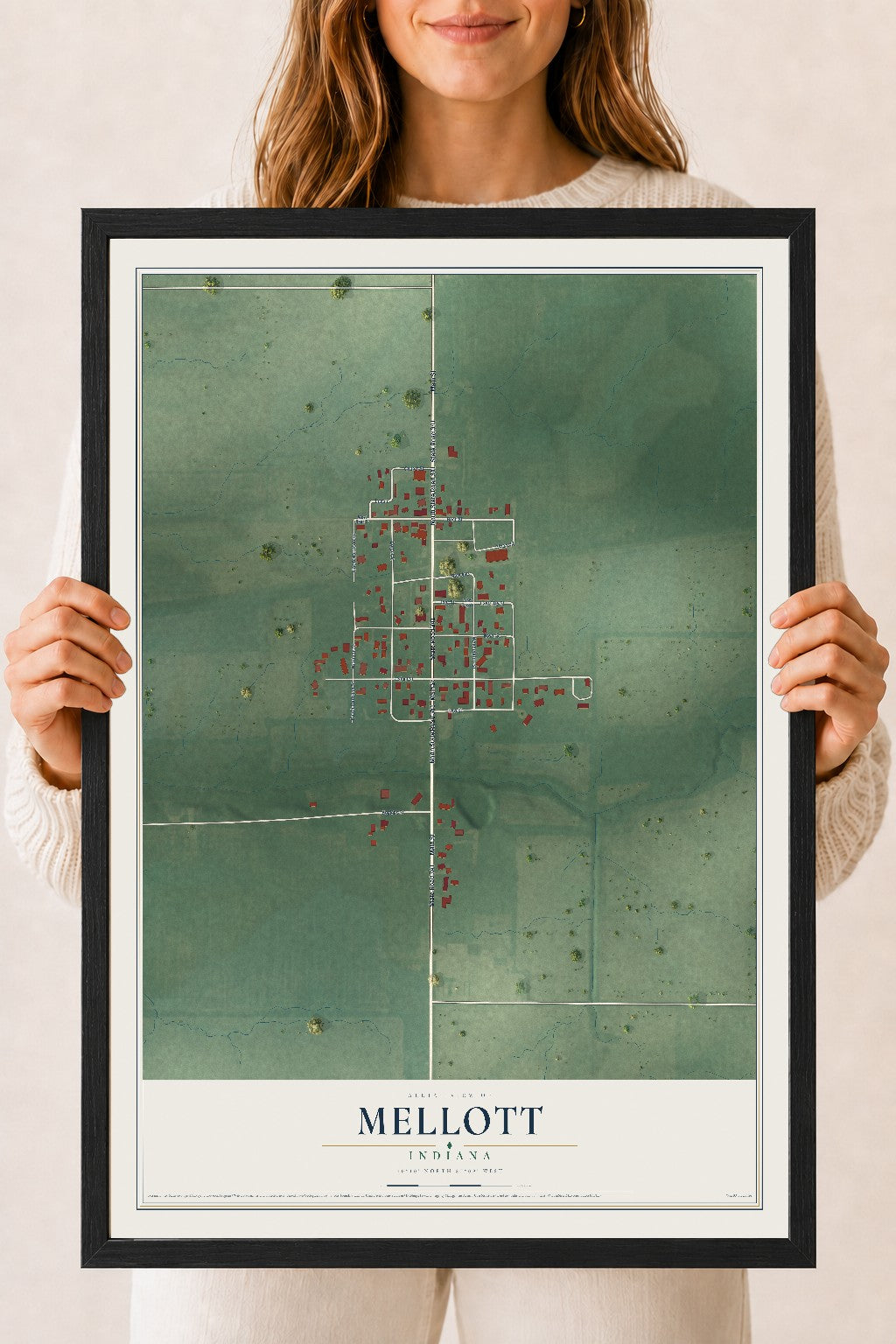 Map of Mellott, Indiana, 18 x 24 inch print in a black wood frame