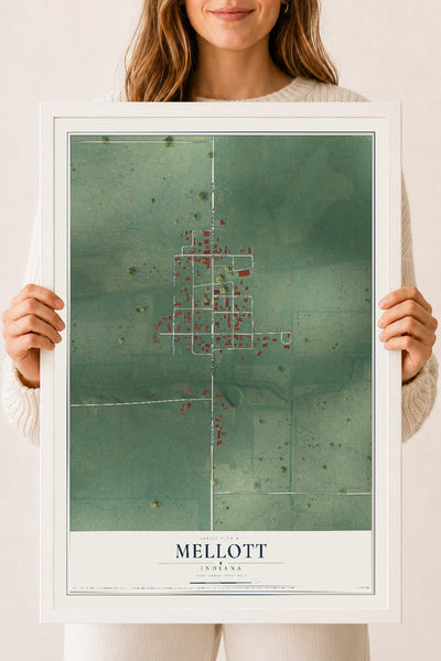 Map of Mellott, Indiana, 18 x 24 inch print in a white wood frame