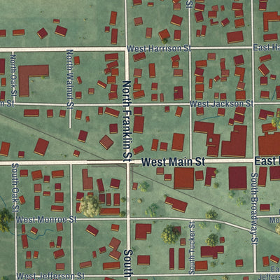 Close-up of the map of Mentone, Indiana print showing street and building detail