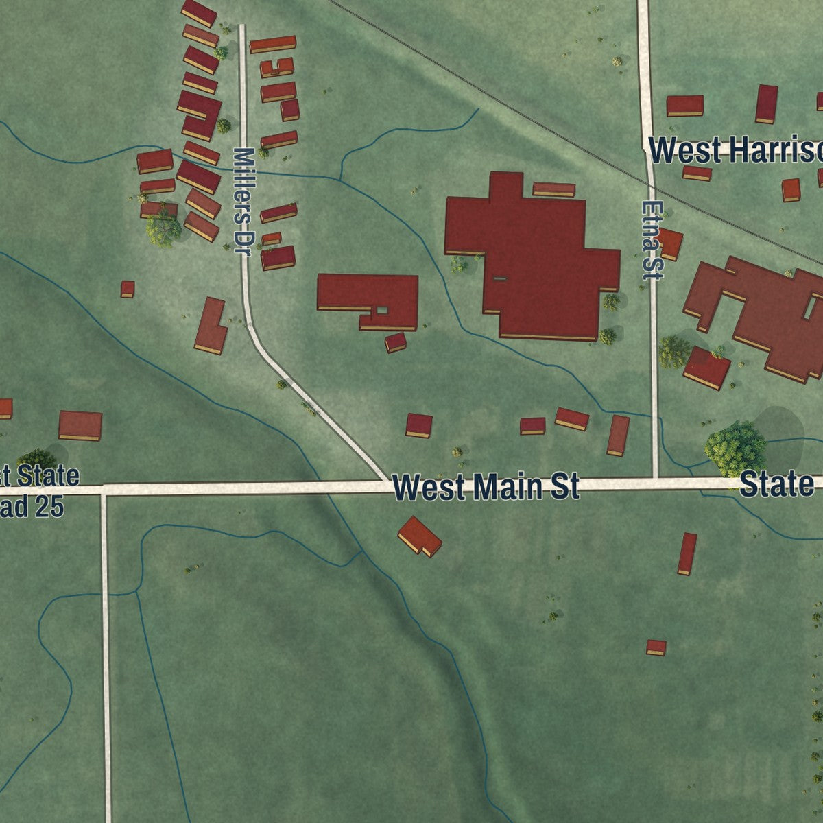 Second close-up of the map of Mentone, Indiana print showing more streets and buildings