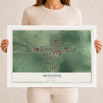 Map of Mentone, Indiana, 12 x 18 inch print in a white wood frame