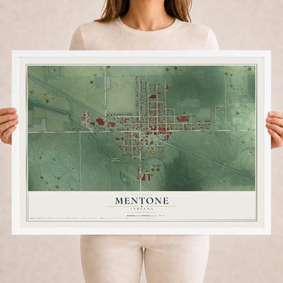 Map of Mentone, Indiana, 18 x 24 inch print in a white wood frame