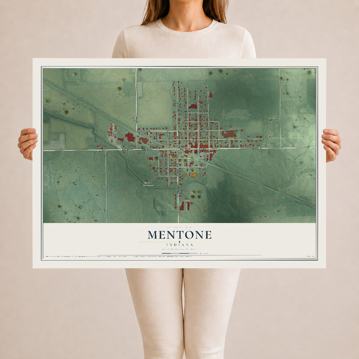 Map of Mentone, Indiana, 24 x 36 inch unframed archival matte print