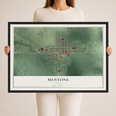 Map of Mentone, Indiana, 24 x 36 inch print in a black wood frame