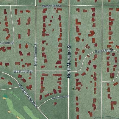 Second close-up of the map of Meridian Hills, Indiana print showing more streets and buildings