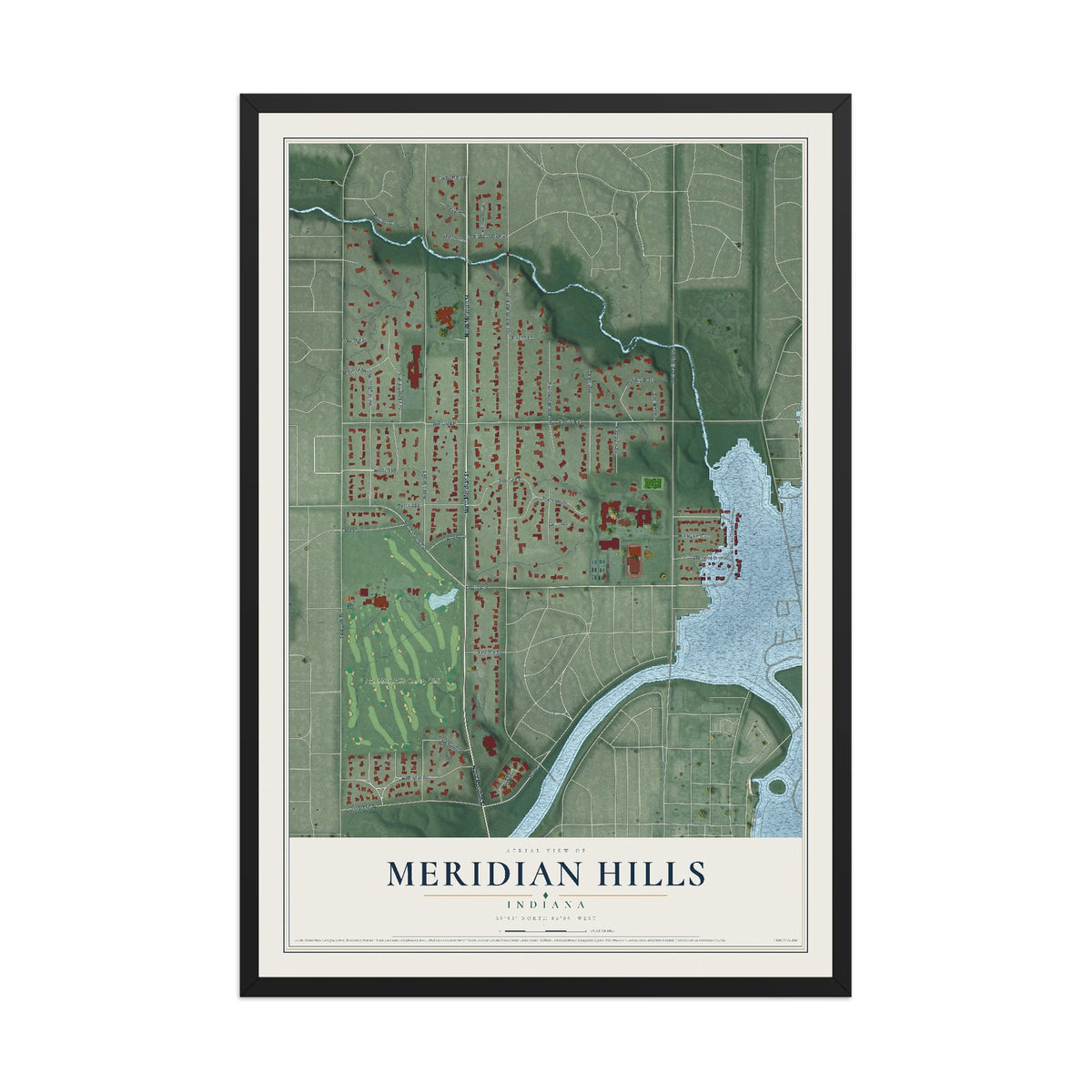 Map of Meridian Hills, Indiana, 12 x 18 inch print in a black wood frame