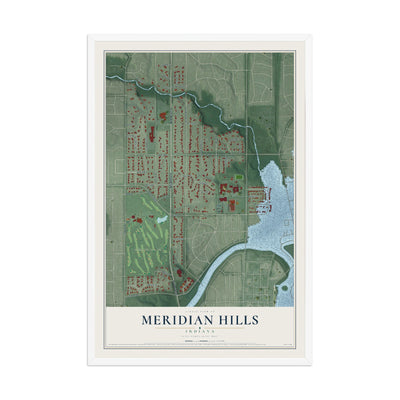 Map of Meridian Hills, Indiana, 12 x 18 inch print in a white wood frame