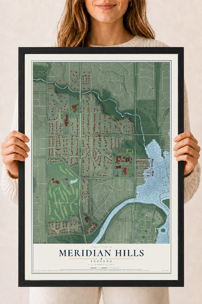 Map of Meridian Hills, Indiana, 18 x 24 inch print in a black wood frame