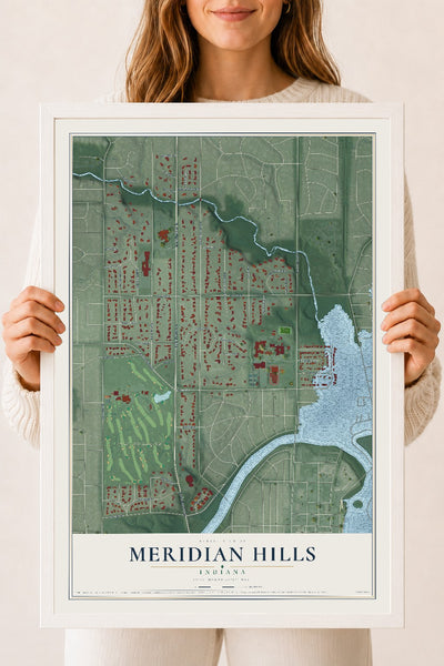 Map of Meridian Hills, Indiana, 18 x 24 inch print in a white wood frame