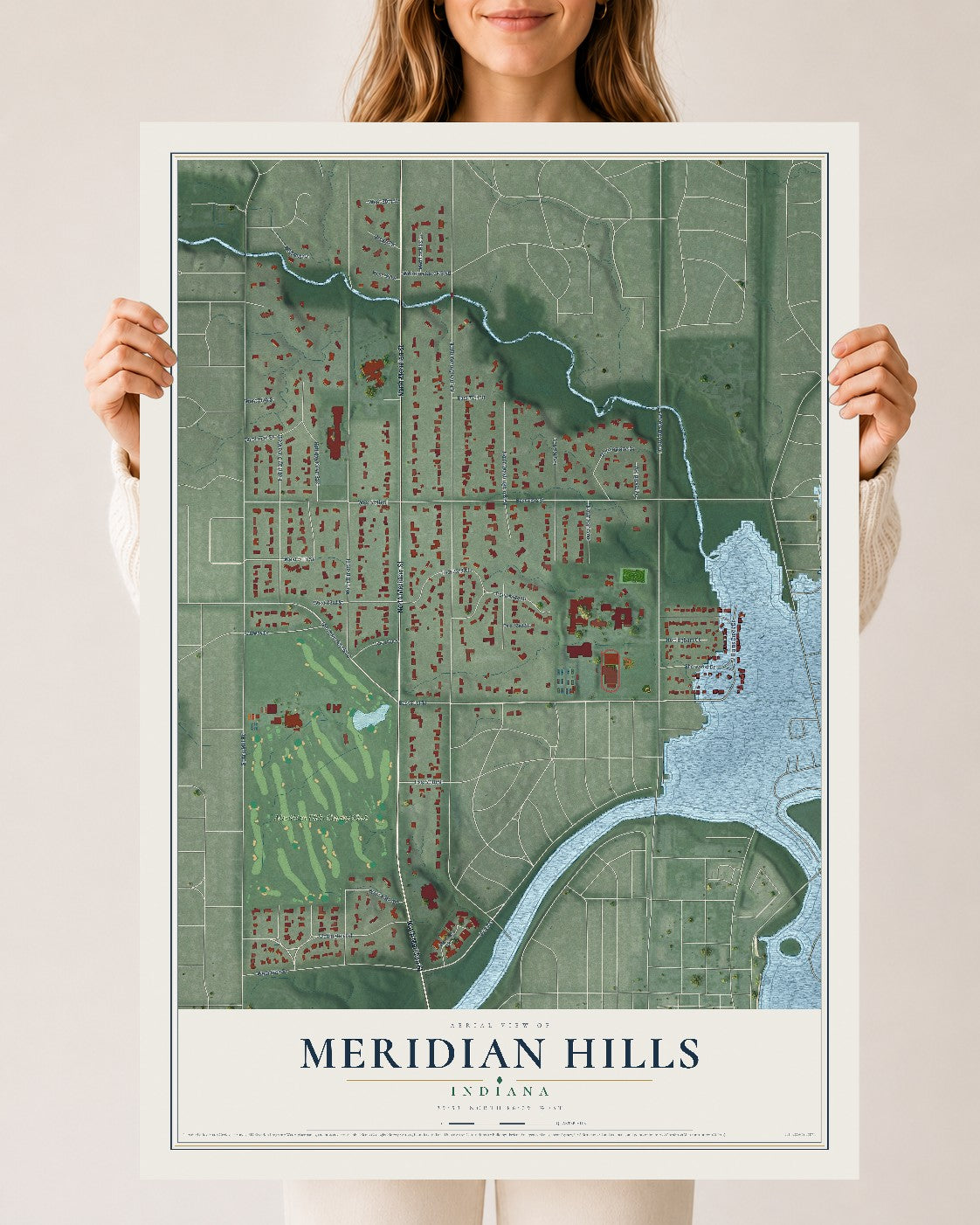 Map of Meridian Hills, Indiana, 24 x 36 inch unframed archival matte print