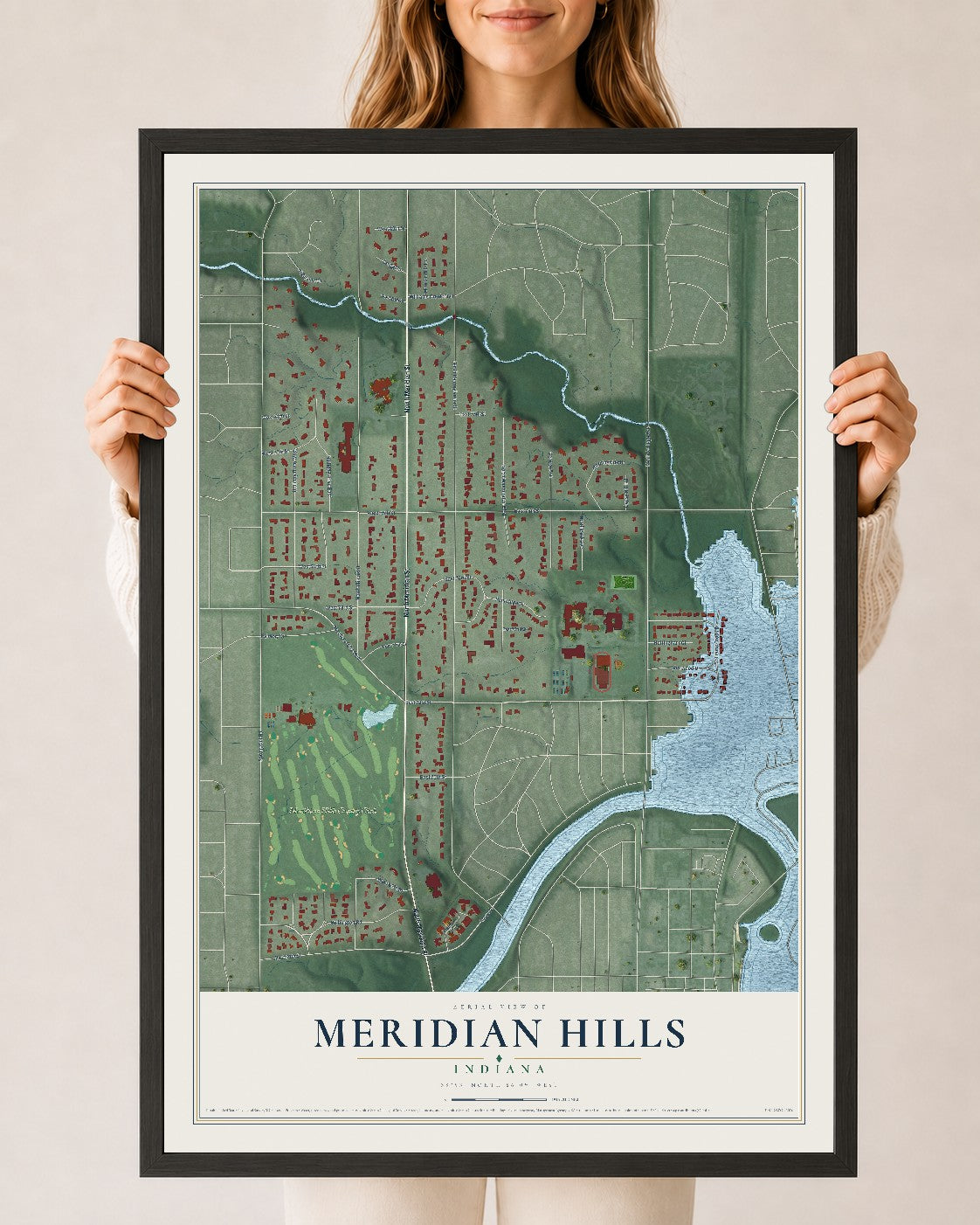 Map of Meridian Hills, Indiana, 24 x 36 inch print in a black wood frame