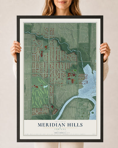 Map of Meridian Hills, Indiana, 24 x 36 inch print in a black wood frame