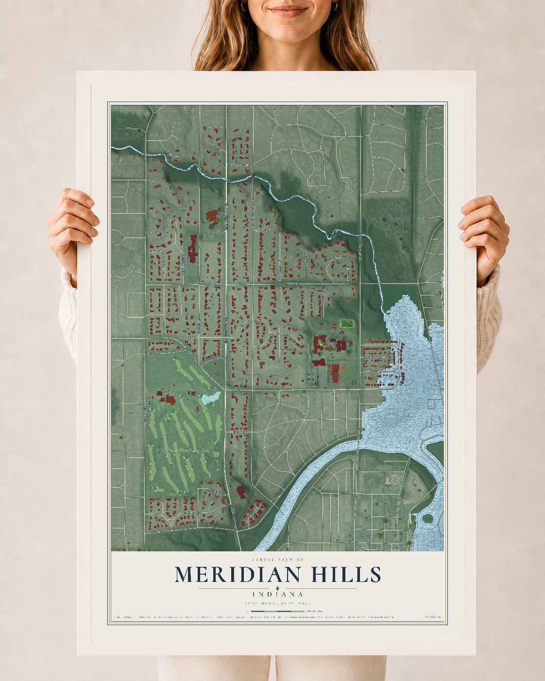 Map of Meridian Hills, Indiana, 24 x 36 inch print in a white wood frame