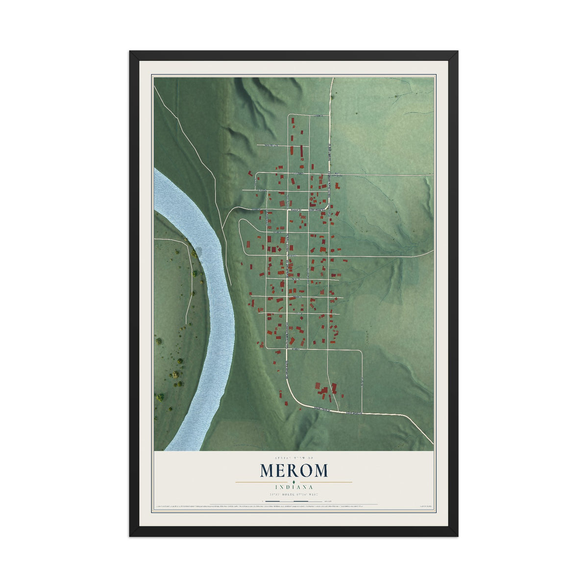 Map of Merom, Indiana, 12 x 18 inch print in a black wood frame
