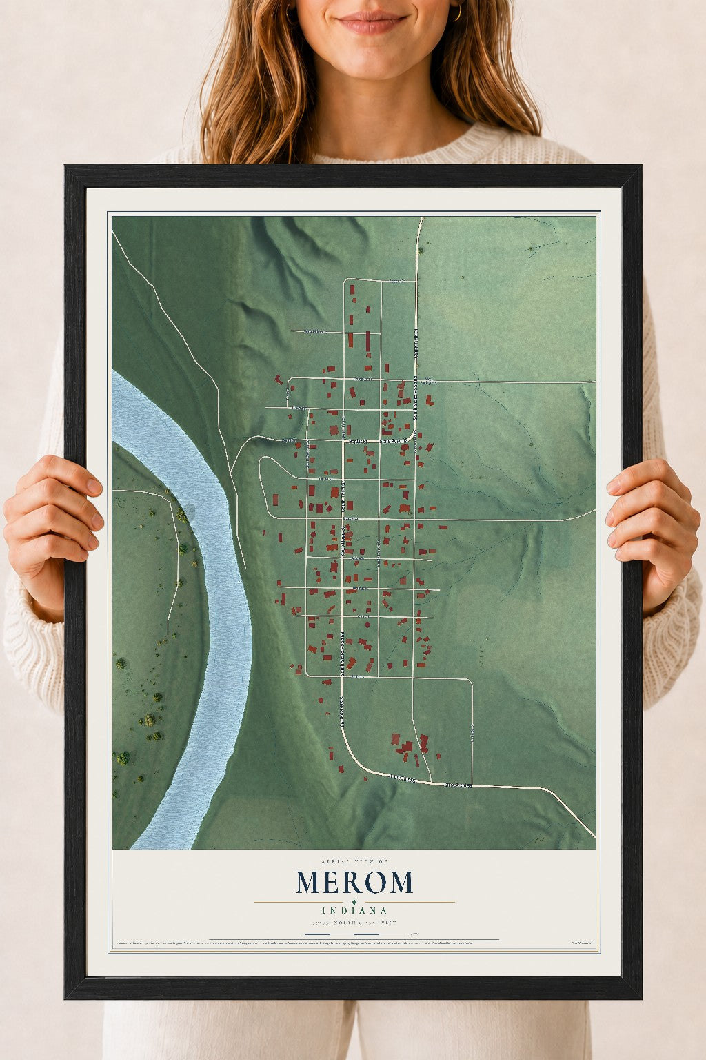 Map of Merom, Indiana, 18 x 24 inch print in a black wood frame