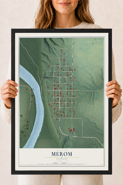Map of Merom, Indiana, 18 x 24 inch print in a black wood frame
