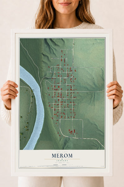 Map of Merom, Indiana, 18 x 24 inch print in a white wood frame