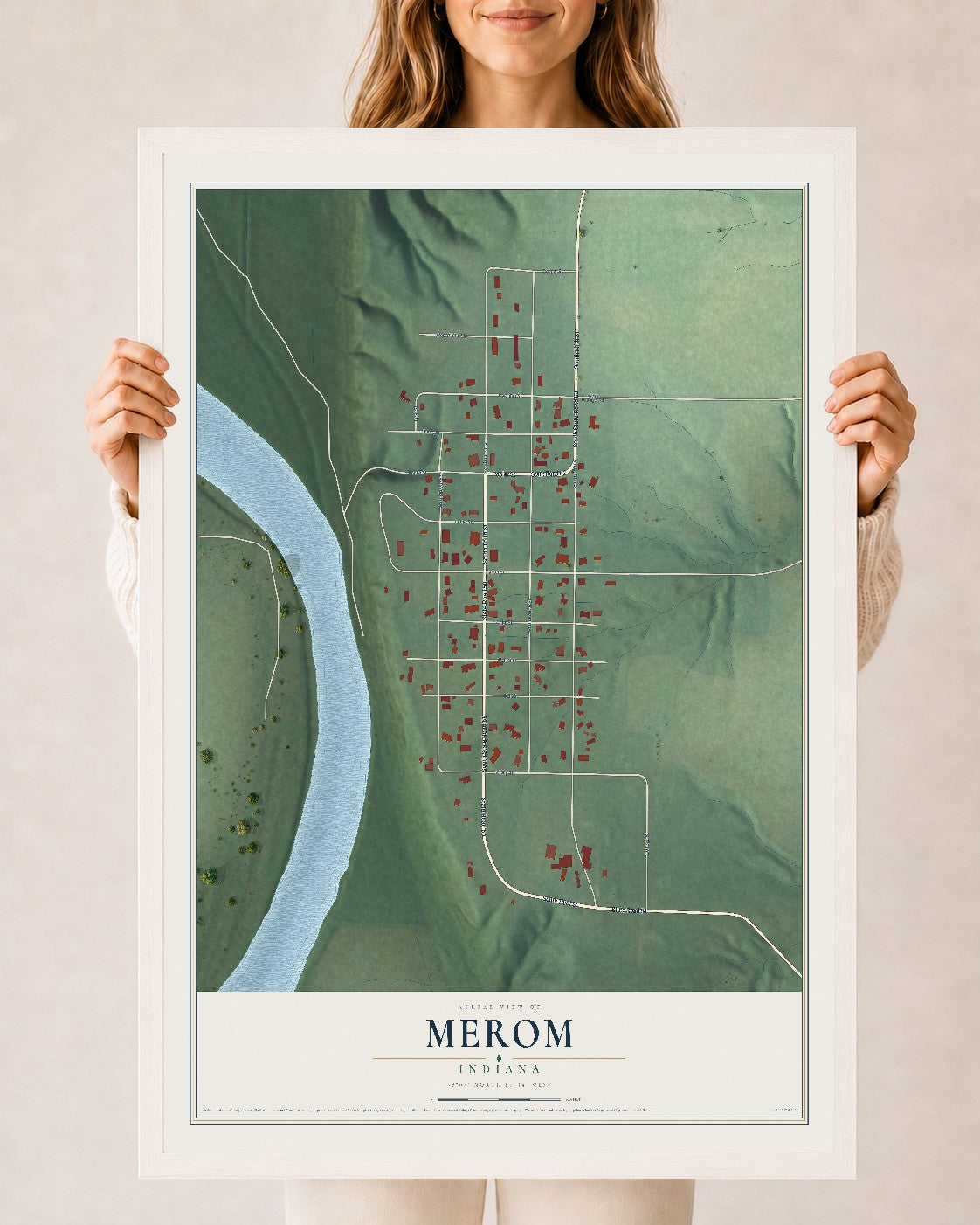 Map of Merom, Indiana, 24 x 36 inch print in a white wood frame