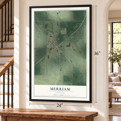 Merriam, Indiana map, 24 x 36 inch print in a black frame by a staircase