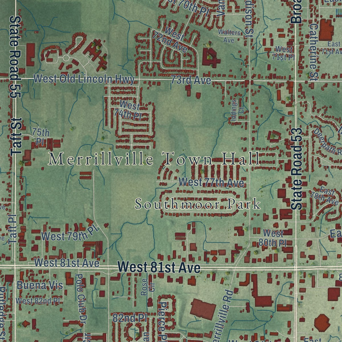 Close-up of the map of Merrillville, Indiana print showing street and building detail