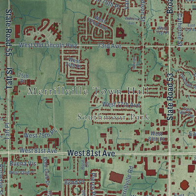 Close-up of the map of Merrillville, Indiana print showing street and building detail
