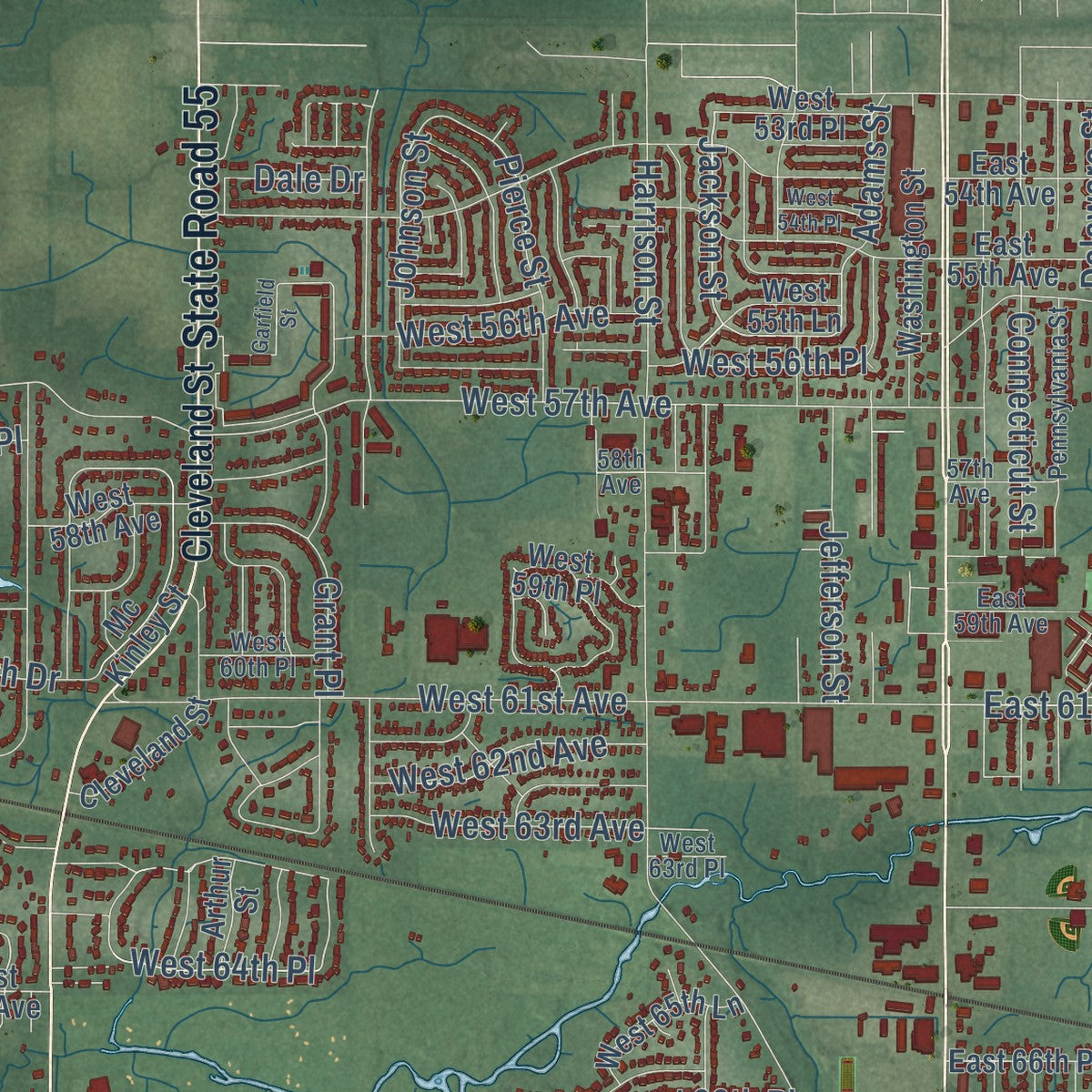 Second close-up of the map of Merrillville, Indiana print showing more streets and buildings