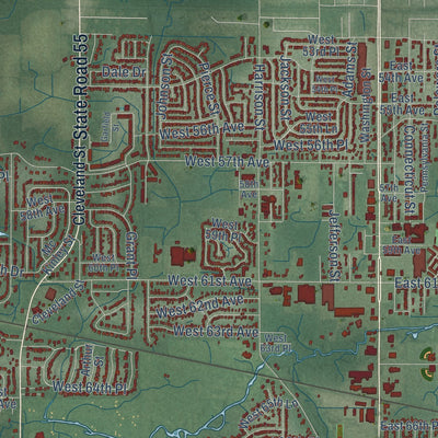 Second close-up of the map of Merrillville, Indiana print showing more streets and buildings