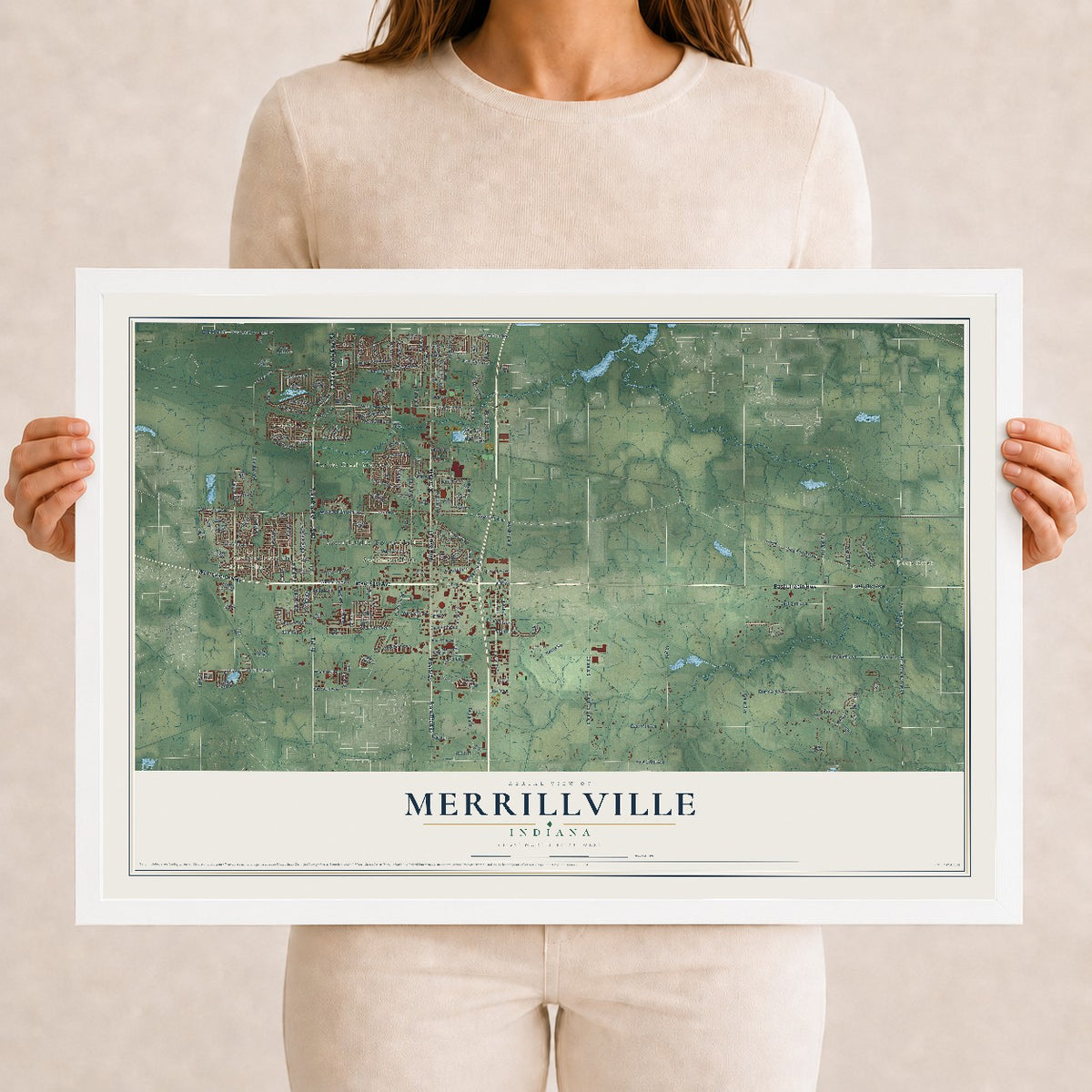Map of Merrillville, Indiana, 12 x 18 inch print in a white wood frame