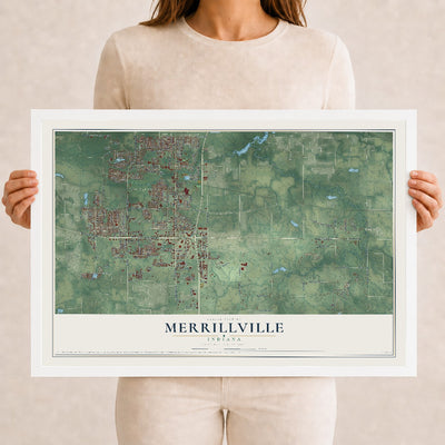 Map of Merrillville, Indiana, 12 x 18 inch print in a white wood frame