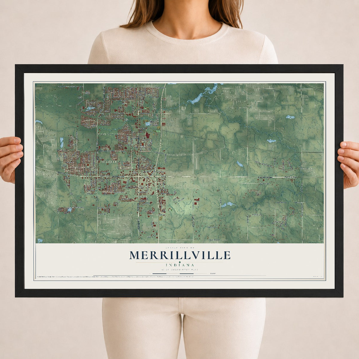 Map of Merrillville, Indiana, 18 x 24 inch print in a black wood frame