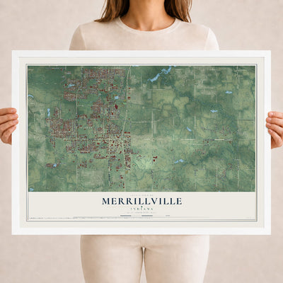 Map of Merrillville, Indiana, 18 x 24 inch print in a white wood frame