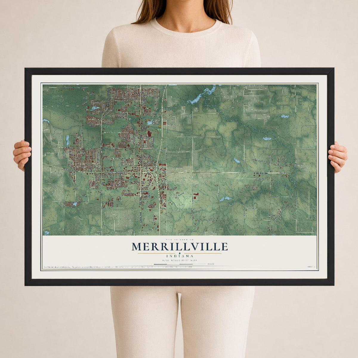 Map of Merrillville, Indiana, 24 x 36 inch print in a black wood frame