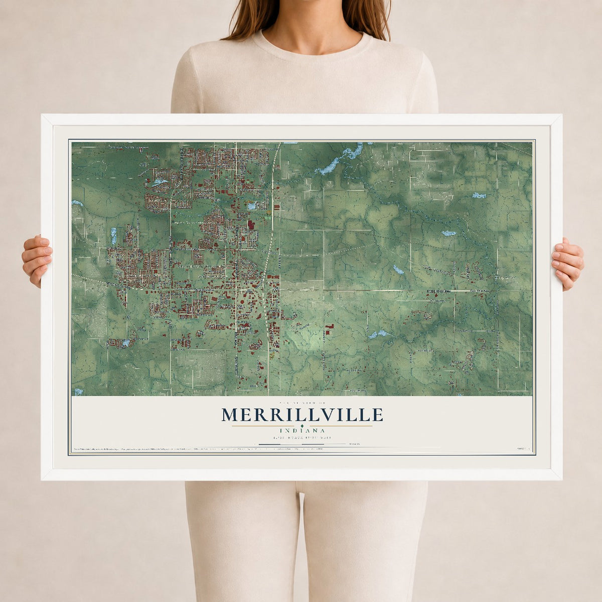Map of Merrillville, Indiana, 24 x 36 inch print in a white wood frame