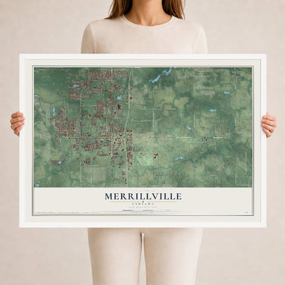 Map of Merrillville, Indiana, 24 x 36 inch print in a white wood frame