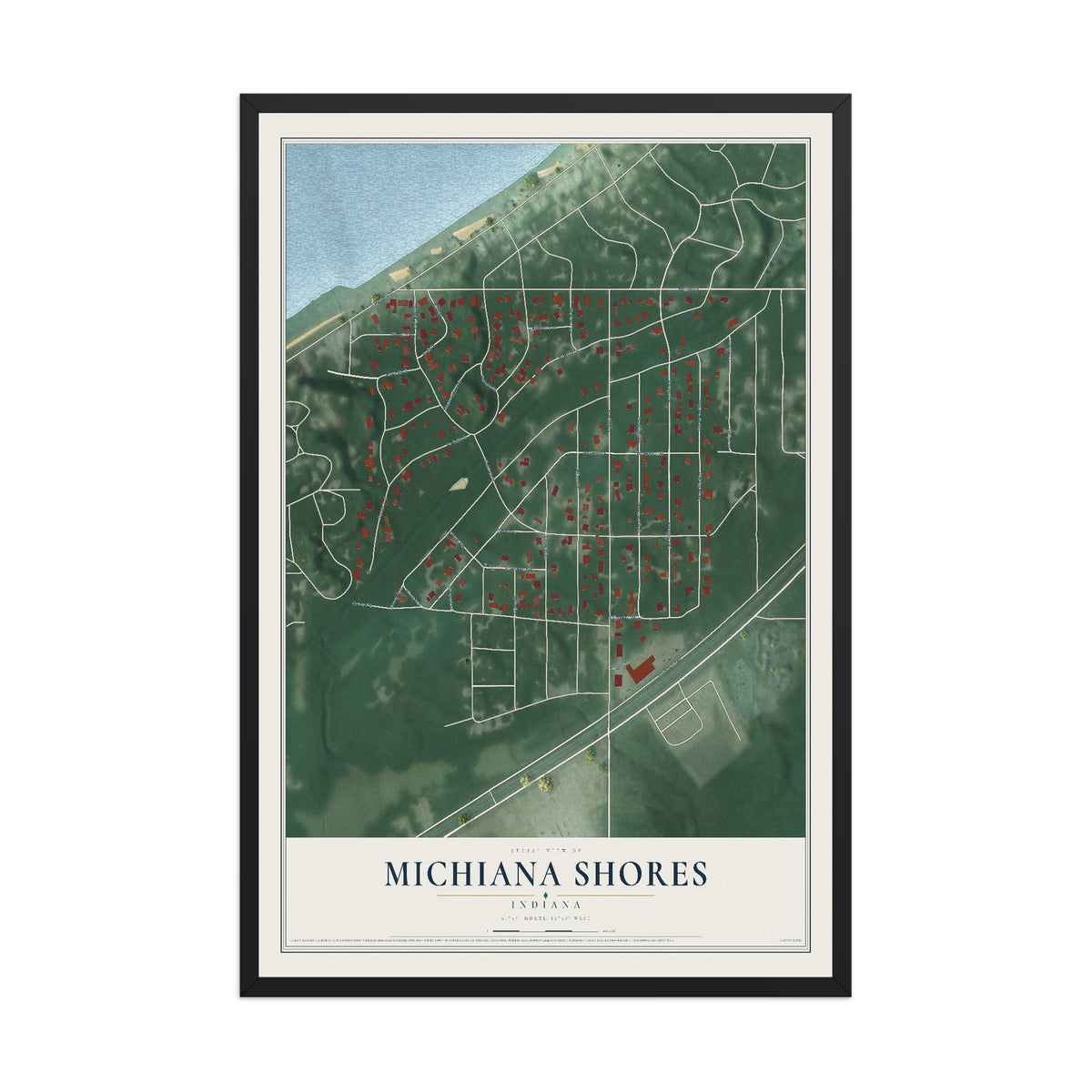 Map of Michiana Shores, Indiana, 12 x 18 inch print in a black wood frame