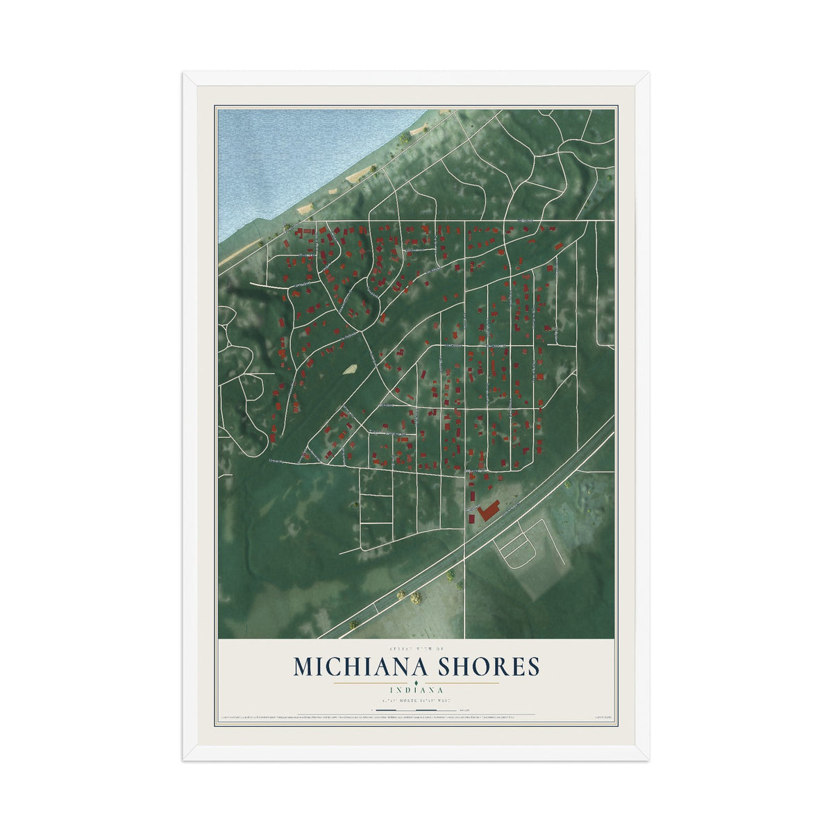 Map of Michiana Shores, Indiana, 12 x 18 inch print in a white wood frame