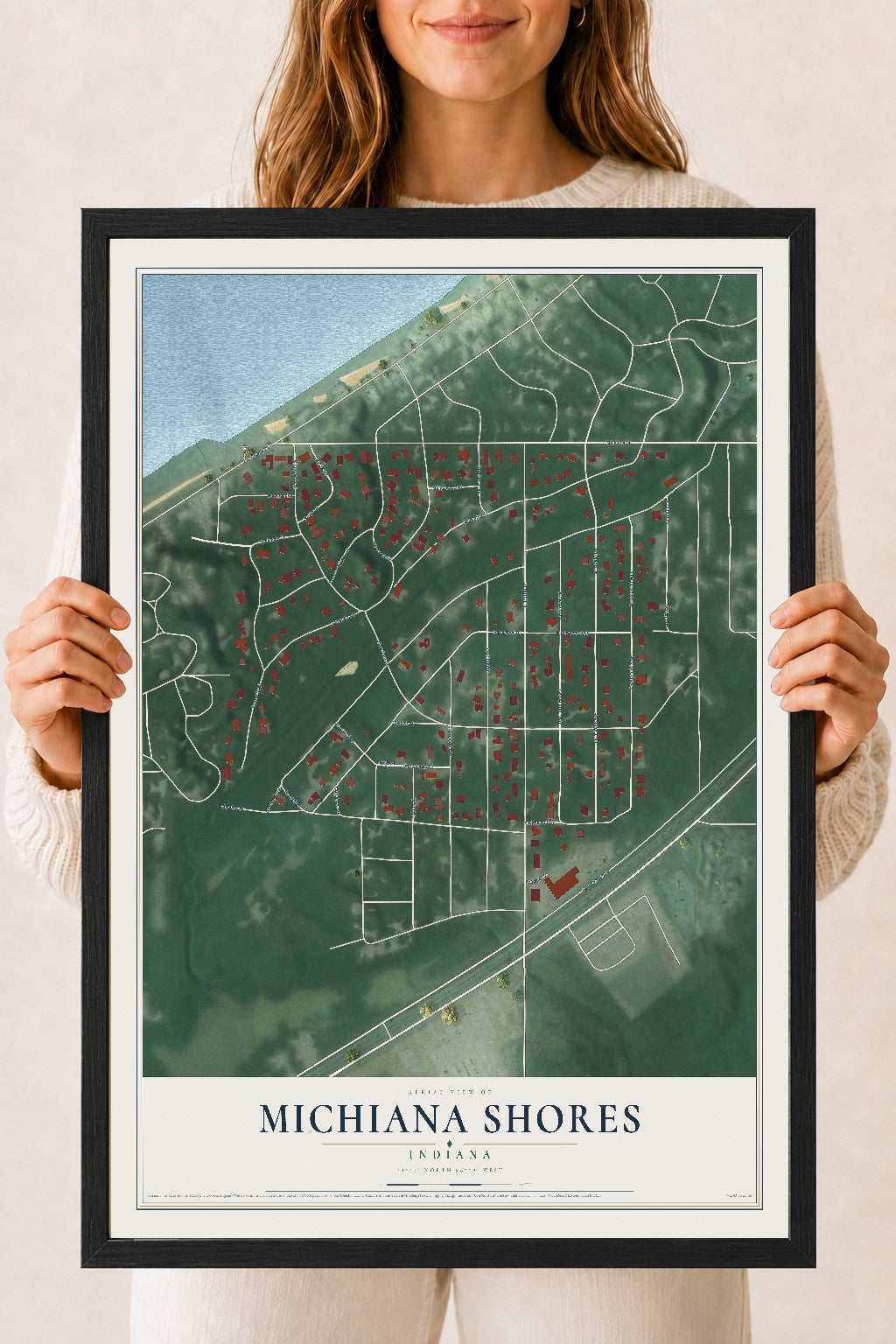 Map of Michiana Shores, Indiana, 18 x 24 inch print in a black wood frame