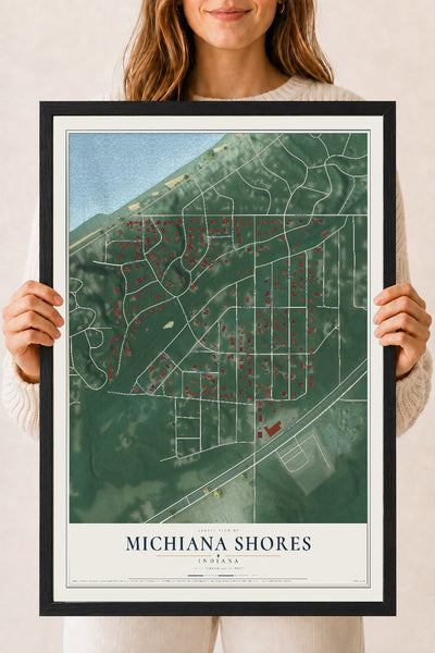 Map of Michiana Shores, Indiana, 18 x 24 inch print in a black wood frame