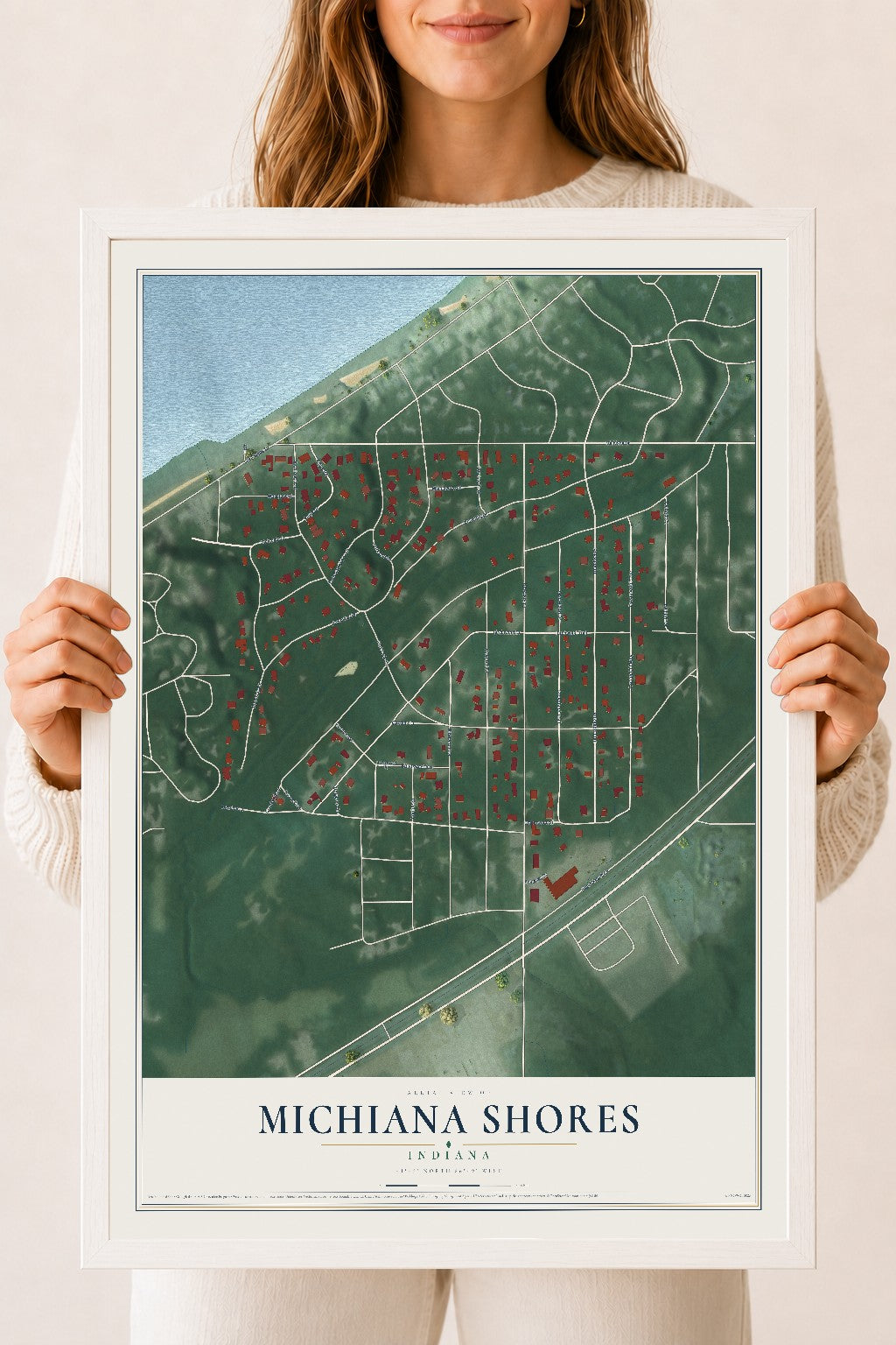 Map of Michiana Shores, Indiana, 18 x 24 inch print in a white wood frame