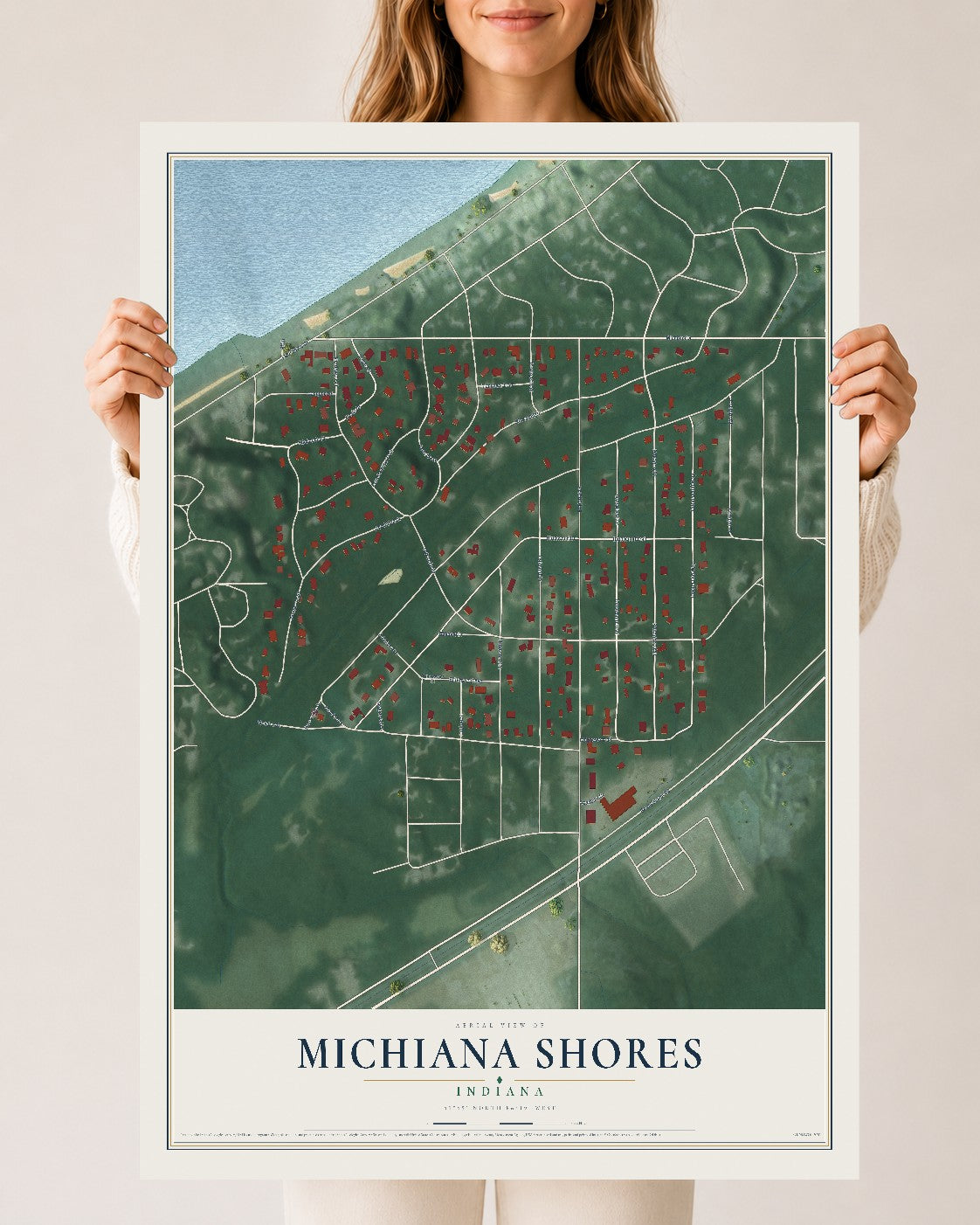 Map of Michiana Shores, Indiana, 24 x 36 inch unframed archival matte print