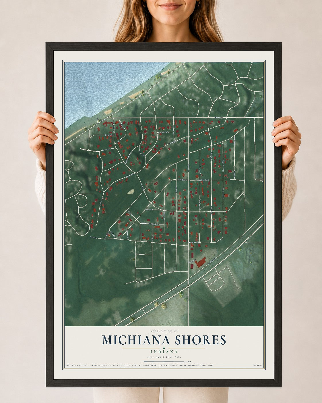 Map of Michiana Shores, Indiana, 24 x 36 inch print in a black wood frame