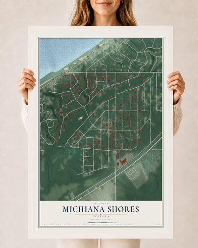Map of Michiana Shores, Indiana, 24 x 36 inch print in a white wood frame
