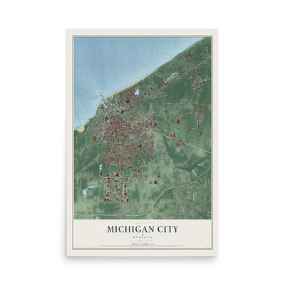 Map of Michigan City, Indiana, 12 x 18 inch unframed archival matte print