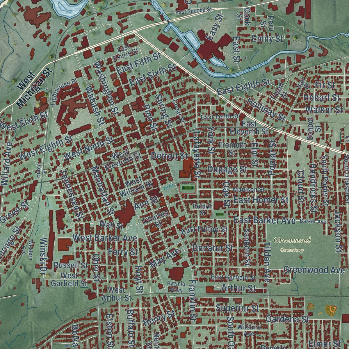 Close-up of the map of Michigan City, Indiana print showing street and building detail