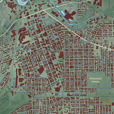 Close-up of the map of Michigan City, Indiana print showing street and building detail