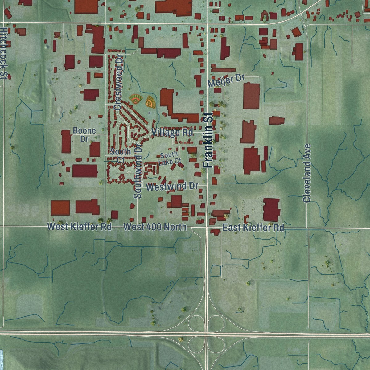 Second close-up of the map of Michigan City, Indiana print showing more streets and buildings
